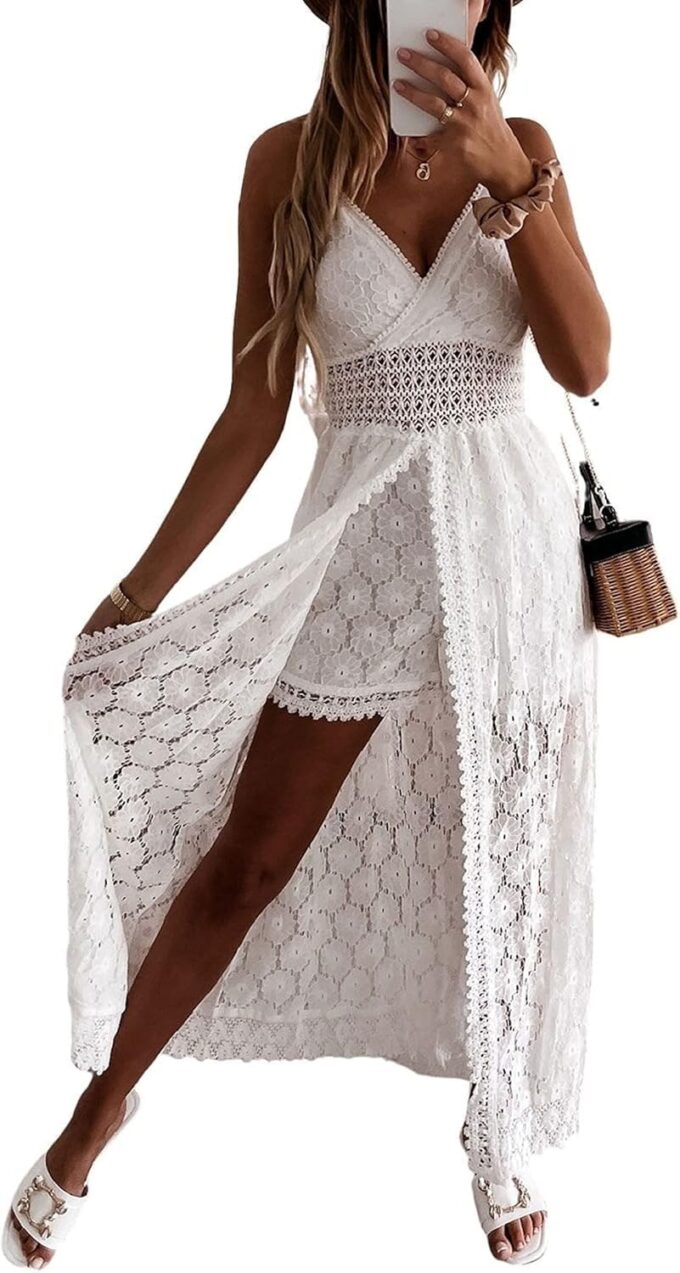 Generisch Sommerkleid Damen V Ausschnitt Floral Spitze Quasten Spaghetti Trägerkleid Freizeitkleider Hi-Low Party Boho Beach Maxi Dress, XS-3XL