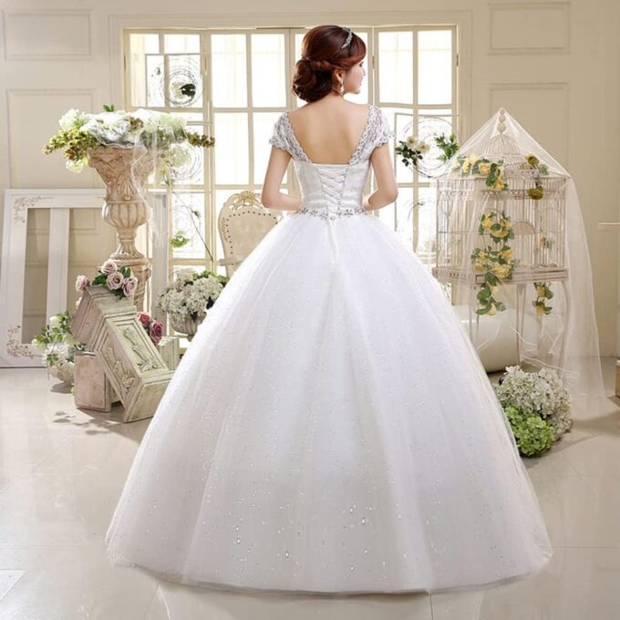 Brautkleid A-Linie Spitzen Hochzeitskleid Damen Maxi Kleider Lang Abendkleid Runde Ausschnitt Kurzarm Brautkleider – Bild 3