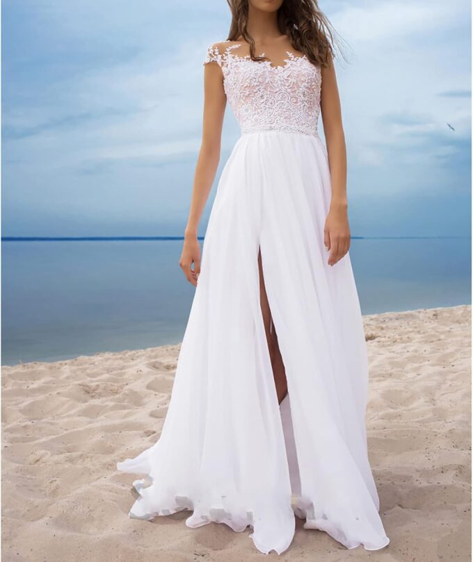 CUTTE Sommer Chiffon Hochzeitsgast Kleid Spitze Boho Brautkleider für Frauen Abend Ballkleider Maxi Schlitz Brautjungfernkleid Kleider mit Schlitz – Bild 6