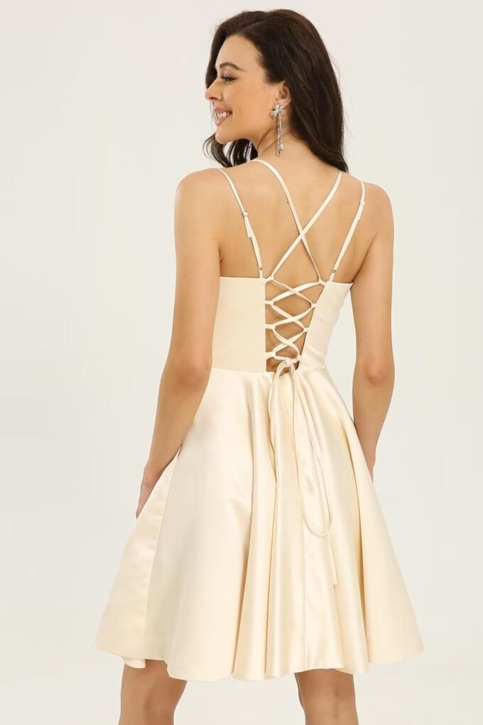 Homecoming Dresses for Teens Knee Length Spaghetti Strap with Pockets Satin Backless Prom Dress – Bild 8