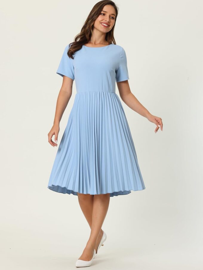 Hobemty Damen 2024 Plisseekleider Kurzarm Midi Arbeit A-Linie Kleid – Bild 3