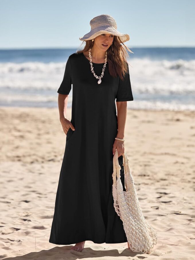 MEROKEETY Women's 2025 Summer Casual Maxi Dress Beach Vacation Short Sleeve Crewneck Basic Long T Shirt Dresses – Bild 6