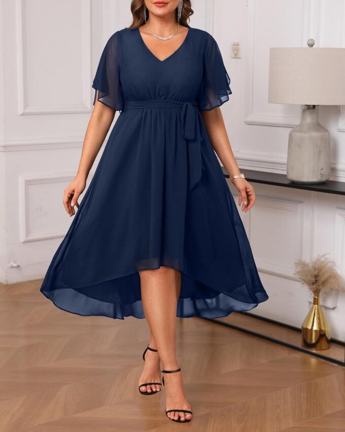 Plus Size Dresses Wedding Guest - Formal Cocktail Chiffon V Neck Short Sleeve High Low Dress Curvy Women – Bild 5