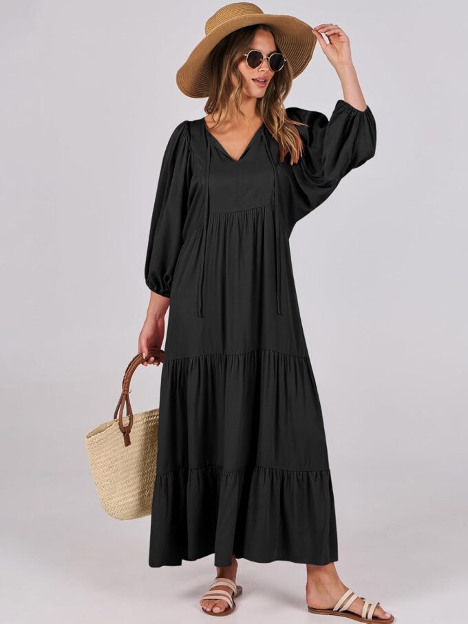 ANRABESS Womens Boho Maxi Dresses 2025 Summer V Neck Puff Sleeve Floral Flowy Swing Casual Long Dress – Bild 2