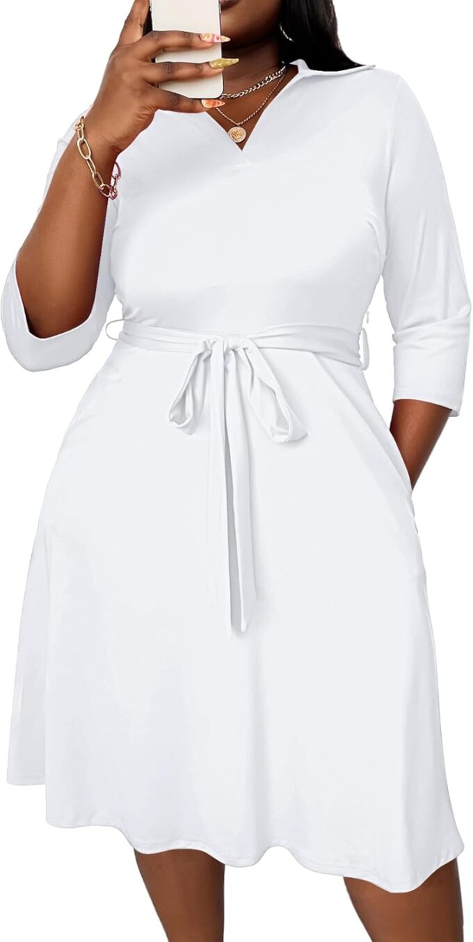 FANDEE Plus Size Midi Dress for Women - Printing Summer Dresses for Wedding Guest Cocktail Party 3/4 Sleeve V Neck（XL-5XL） – Bild 6