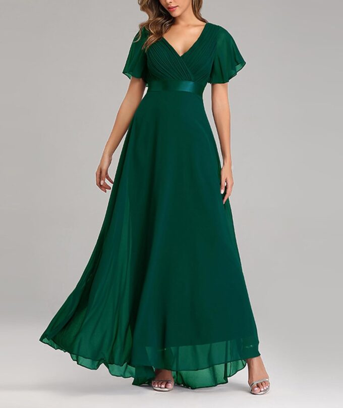ECDAHICC Damen Abendkleider Gürtel V-Ausschnitt Hohe Taille A-Linie Chiffon Brautjungfernkleid Elegant Lang Ballkleid – Bild 4