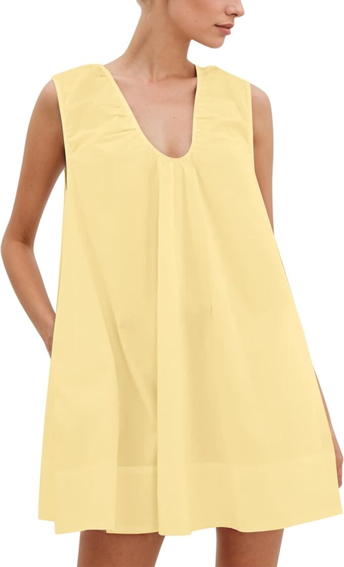 MISSACTIVER Women's Sleeveless Babydoll Tank Mini Dress Scoop Neck Ruched Short Dress with Side Pockets Summer Party Dresses Yellow – Bild 4