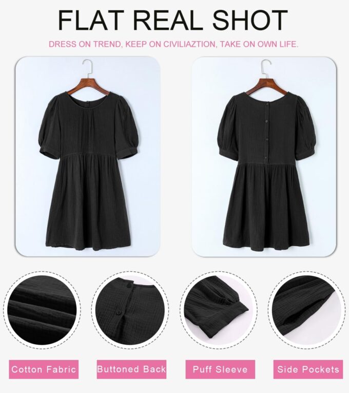 Dokotoo Womens 2025 Spring Summer Crewneck Puff Sleeve Babydoll Elegant Empire Waist Mini Swing Skater Dresses with Pockets – Bild 4