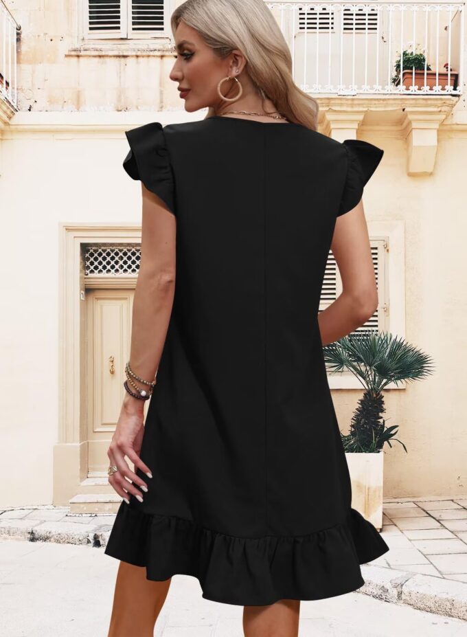 QACOHU Spring Summer Dresses for Women 2025 V Neck Cap Sleeve Ruffle Hem Smock Short Casual Outings Beach Dress – Bild 4