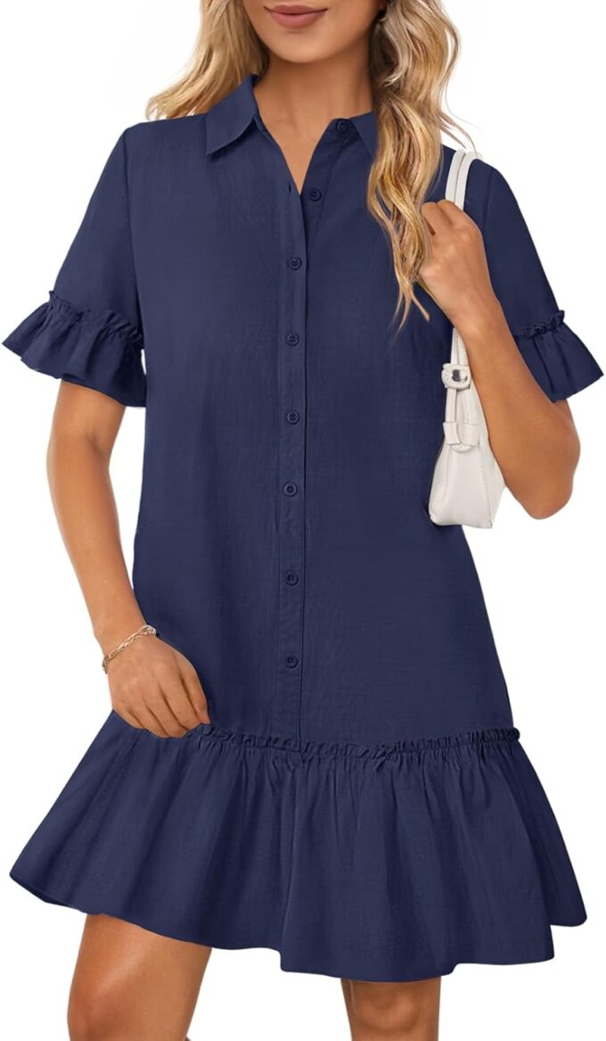 MEROKEETY Women's Summer Button Down Shirt Dress Casual Ruffle Sleeve Shift Mini Dresses with Pockets