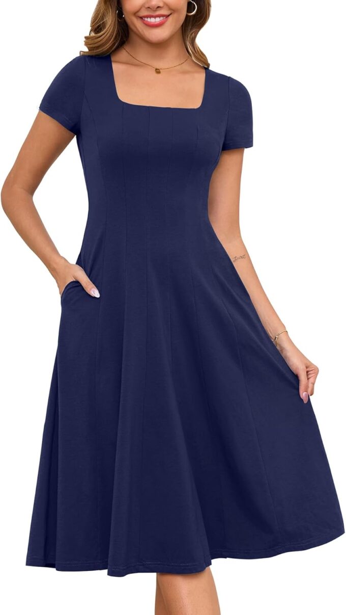 Annebouti Damen-Midikleid für Frühling und Sommer 2025, A-Linie, quadratischer Ausschnitt, kurze Ärmel, halbformell, lässig, Arbeit, Midi-Kleid mit Taschen