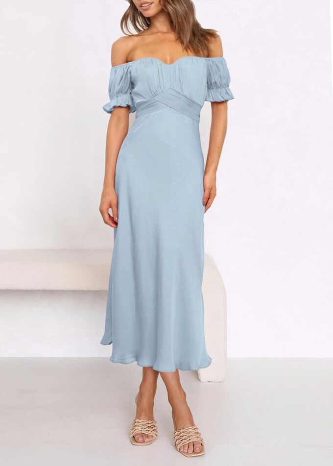 KIRUNDO Women's 2025 Summer Satin Midi Dress Off The Shoulder Wrap Ruched Wedding Guest Party Cocktail Formal Prom Dresses – Bild 3