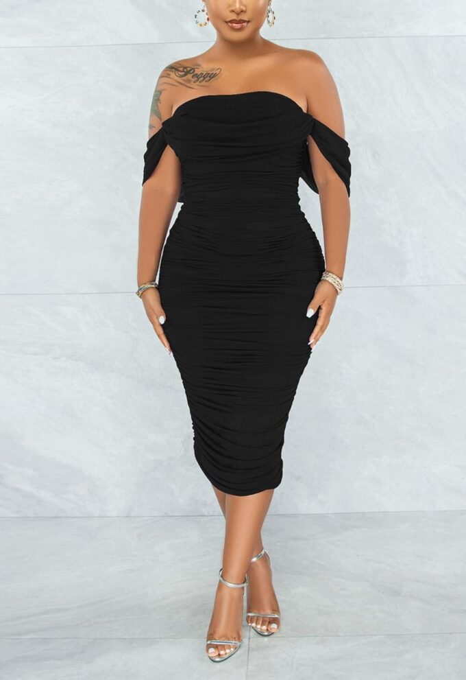 Women's Sexy Off Shoulder Sleeveless Bodycon Ruched Midi Elegant Cocktail Evening Party Night Tube Dresses – Bild 4