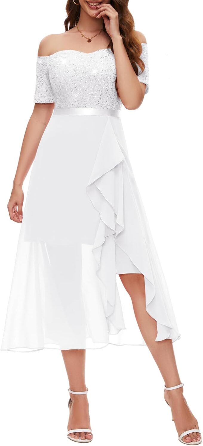 Berylove Abendkleid Damen Lang Glitzer Kleid Cocktailkleid Elegant für Hochzeit Off Shoulder Kleid Ballkleid