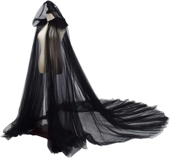 Women Wedding Tulle Cape Hooded Elf Cloak Bridal Dress Robe with Long Train – Bild 3