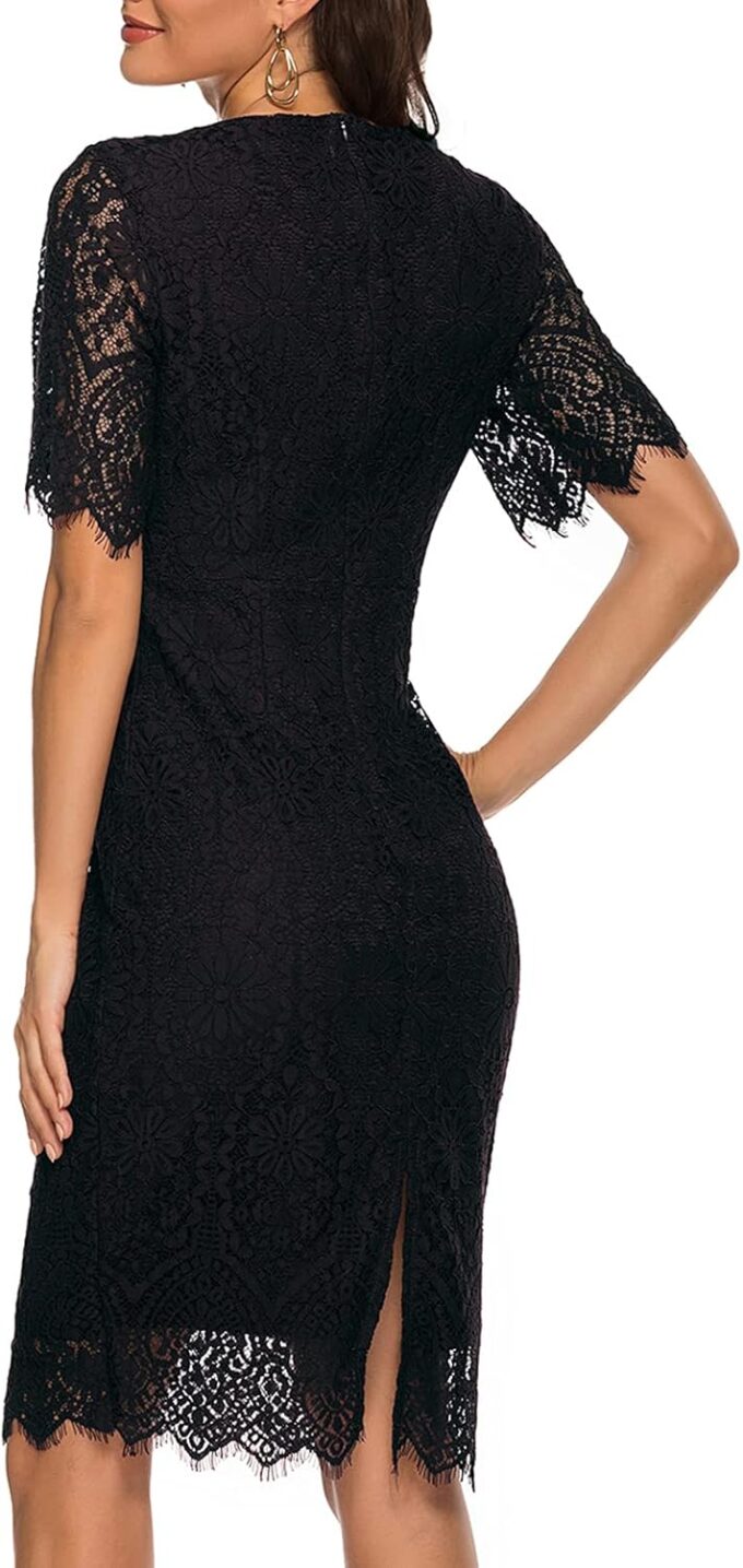 MEROKEETY Women's Short Sleeve Lace Floral Cocktail Dress Crew Neck Knee Length for Party – Bild 4