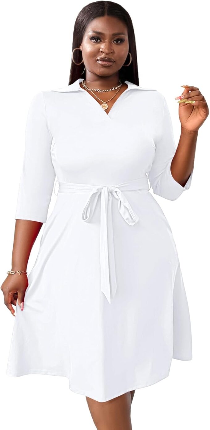 FANDEE Plus Size Midi Dress for Women - Printing Summer Dresses for Wedding Guest Cocktail Party 3/4 Sleeve V Neck（XL-5XL） – Bild 5