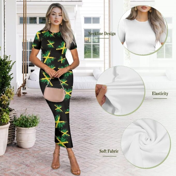 Hdjxbdhsv Kurzärmeliges Damenkleid mit Jamaika-Flagge, figurbetontes Midi-Kleid, lässig, Rundhalsausschnitt, langes Kleid, Übergröße – Bild 6