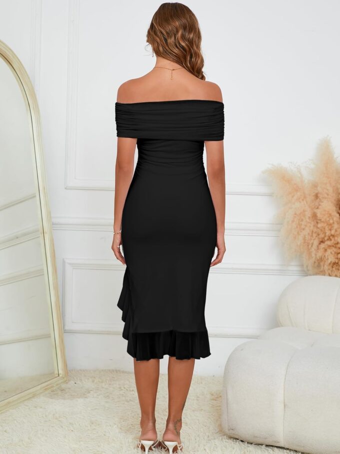 BORIFLORS Women's Sexy Off The Shoulder Bodycon Midi Dresses Elegant Ruched Ruffle Hem Cocktail Party Dress – Bild 2