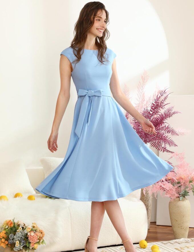 DRESSTELLS Cocktailkleid Damen Elegant 1950er Knielang Rockabilly Hochzeitkleid Vintage A-Line Swing Festlich Midilang Sommer Kleid – Bild 3