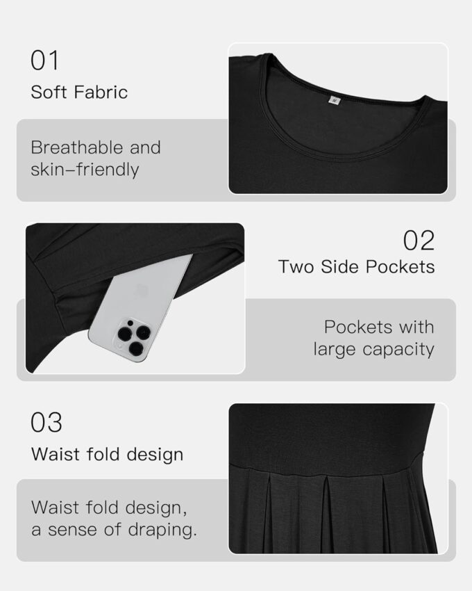 AUSELILY Women's Short Sleeve Summer Dress Pleated Loose Swing Knee Length Dresses with Pockets 2025 New – Bild 2