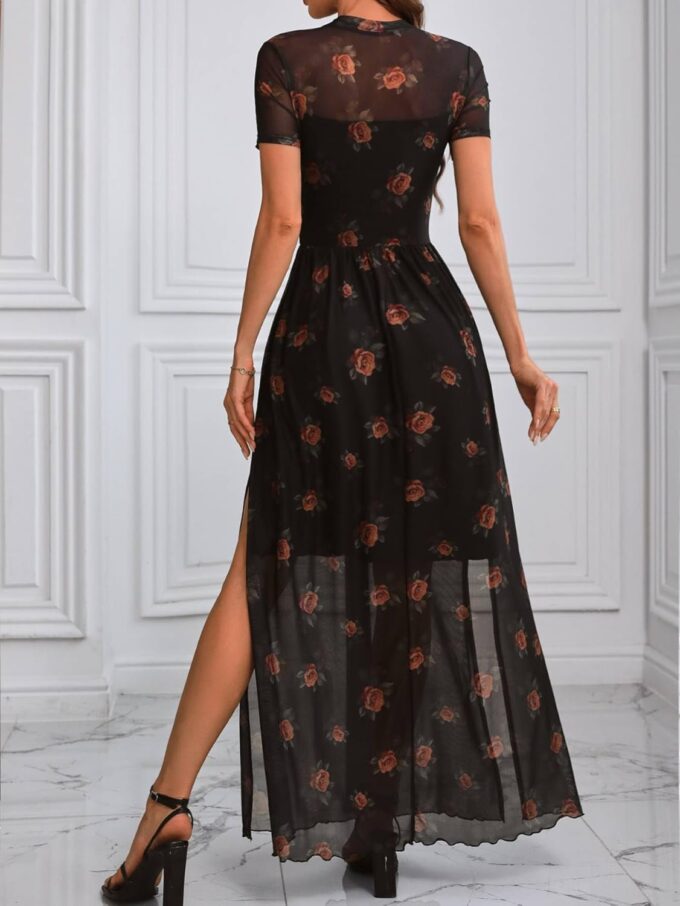 GothDark Women's Mesh Dress Short Sleeve Round Collar Floral Print Waist-Cinched Maxi Summer Casual Dress – Bild 3