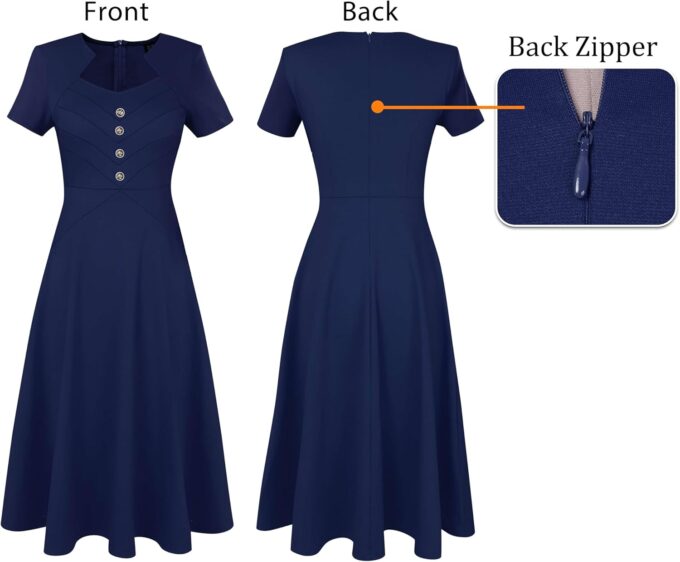 VFSHOW Damenkleid im Vintage-/Retro-Stil, Knöpfe, Business-, Arbeits-, Büro-, A-Linie, Midi-Kleid, quadratischer Ausschnitt, schmal, professionelle Passform und ausgestelltes Kleid – Bild 5