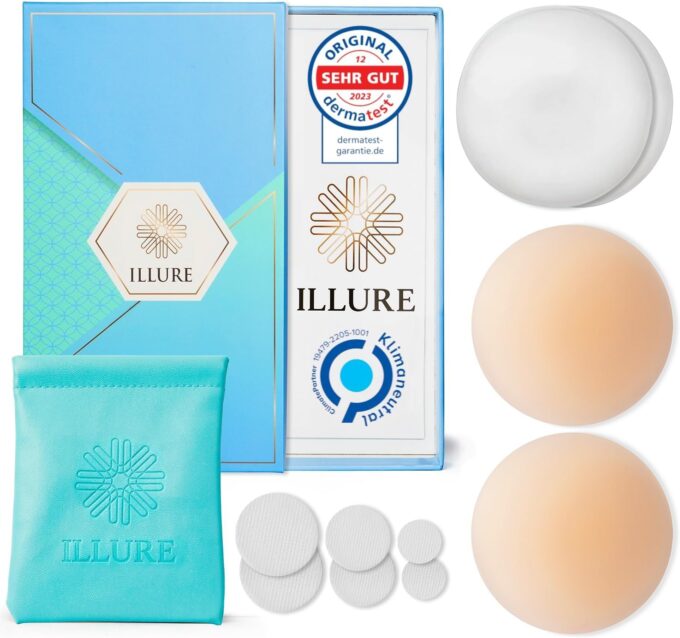 ILLURE® Nippelpads – Damen Nipple Cover mit Brustwarzenschutz - Nipple Pads wiederverwendbar & waschbar - dünne Selbstklebende Brustwarzen Nippelabdeckung aus hypoallergenem Silikon [8 cm] mit Tasche