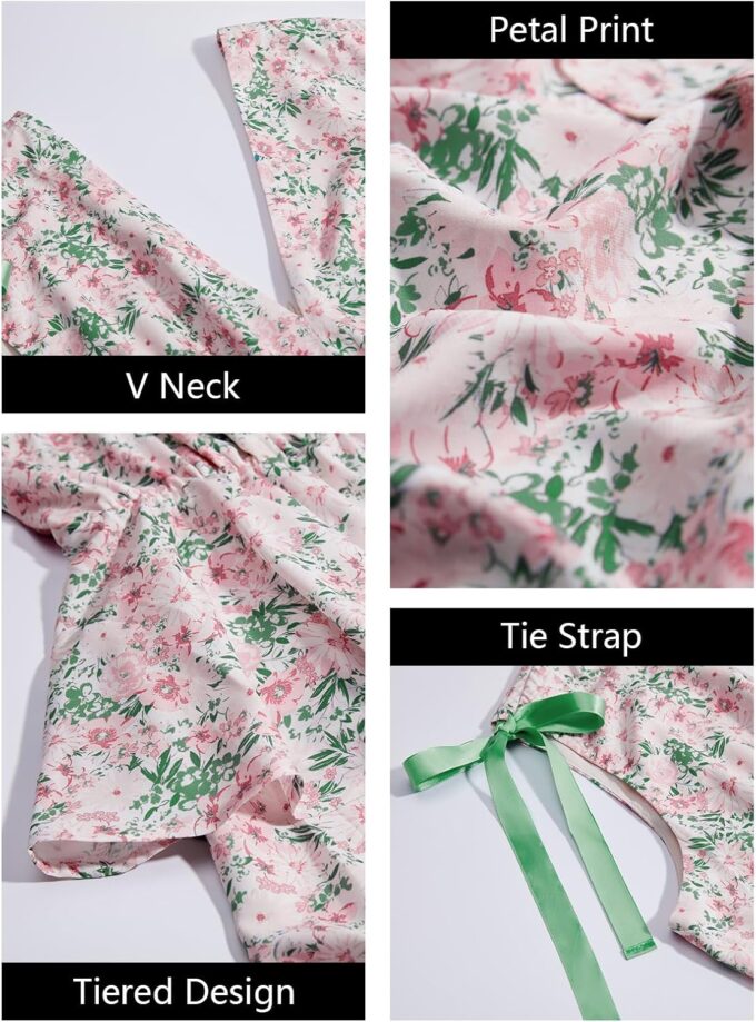 Wenrine Womens Summer Floral Maxi Dress Tie Strap Sleeveless V Neck High Slit Boho Ruffle Tiered Beach Dresses – Bild 5