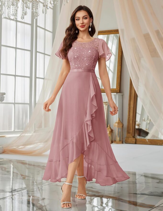 Berylove Abendkleid Lang Elegant für Hochzeit Kleid mit Schlitz Cocktailkleid Damen Elegant mit Ärmeln Elastische Taille – Bild 5