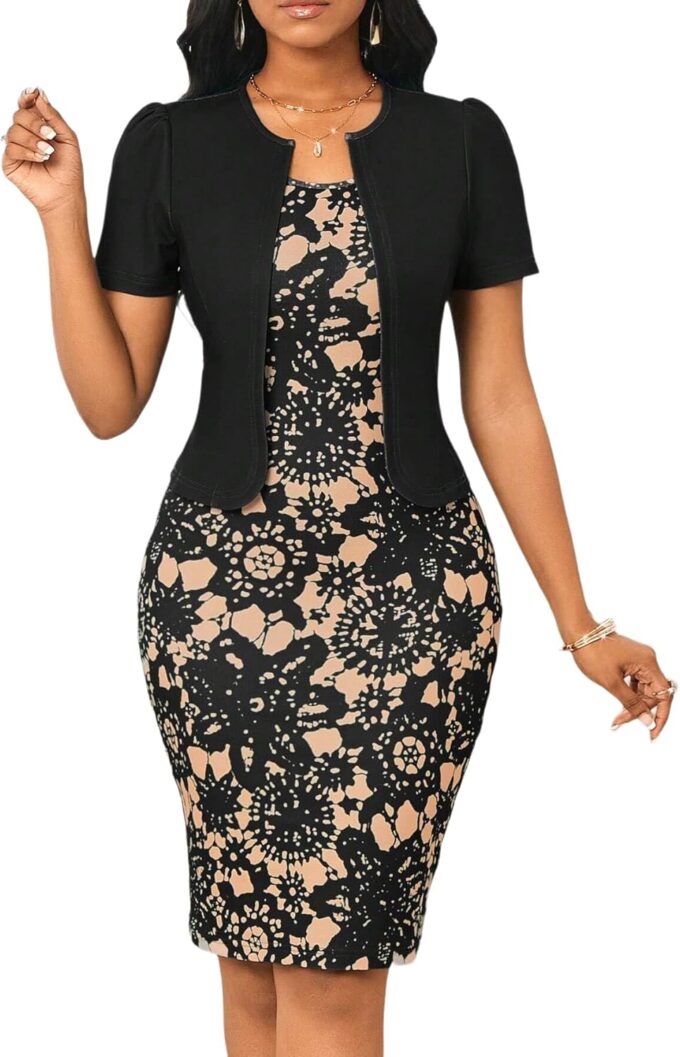 Sexy zweiteiliges Damen-Sommerkleid mit Jacke, Rundhalsausschnitt, kurze Ärmel, bedruckt, Bleistiftkleid, figurbetontes Cocktailkleid