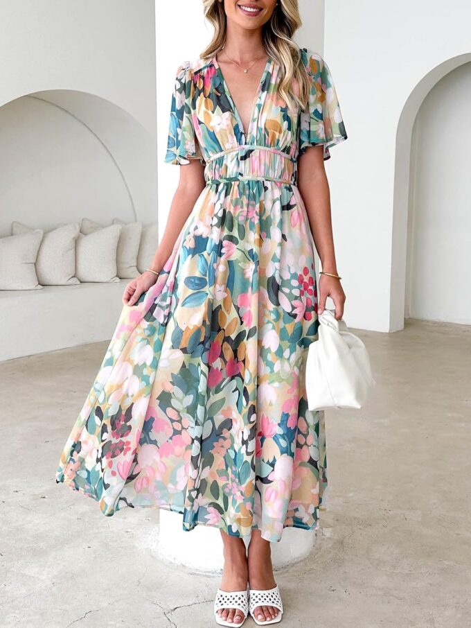 Womens V Neck Flutter Sleeve Boho Midi Dress Summer Wedding Guest Beach Party Long Dresses – Bild 2