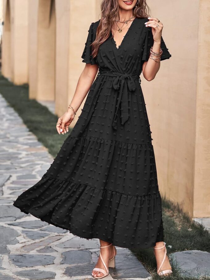 MASCOMODA Womens Summer Swiss Dot Maxi Dressses Wrap V Neck Flutter Short Sleeve Boho Casual Flowy Long Wedding Guest Dress – Bild 2