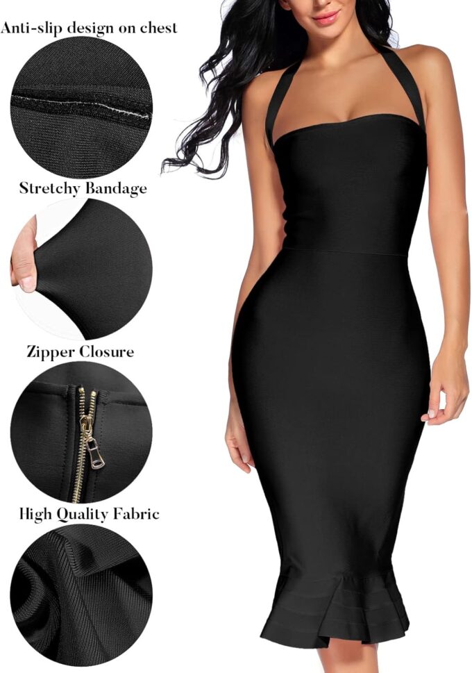 houstil Women's V Neck Halter Fishtail Bandage Bodycon Dress Party – Bild 4