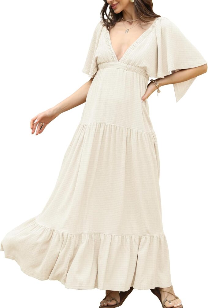 Women Summer Dresses Sexy V-Neck Maxi Dress Tiered Silhouette with Flutter Sleeve Backless Elastic Waist Flowy Dress – Bild 2