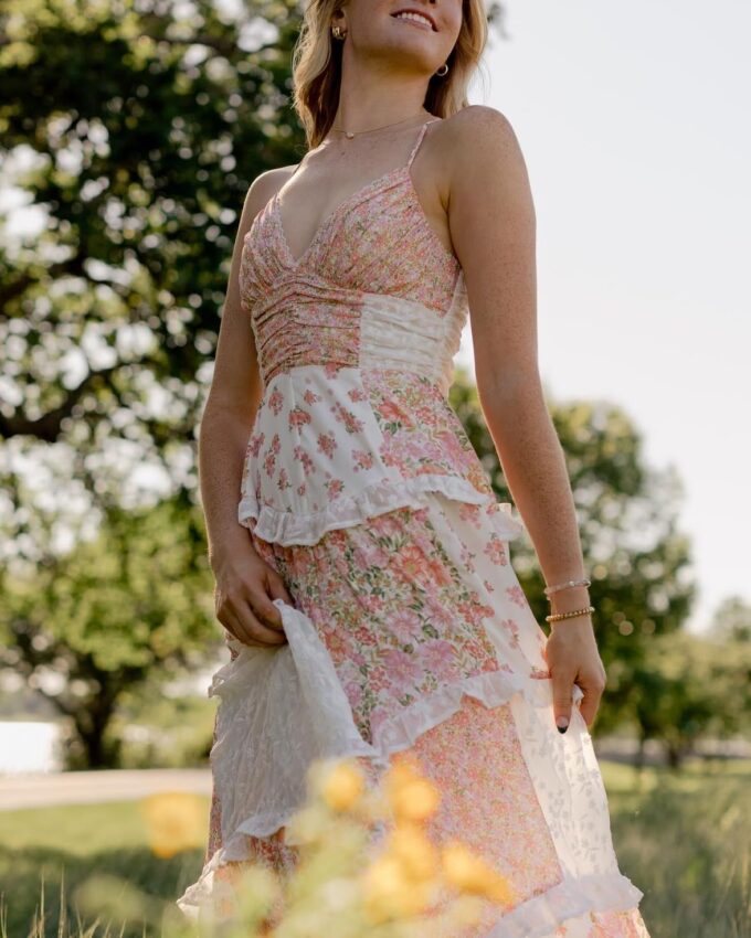 Women Y2k Floral Smocked Maxi Dress Bow Tie Shoulder Tiered Ruffle Midi Sun Dress Boho Casual Beach Long Dresses – Bild 3