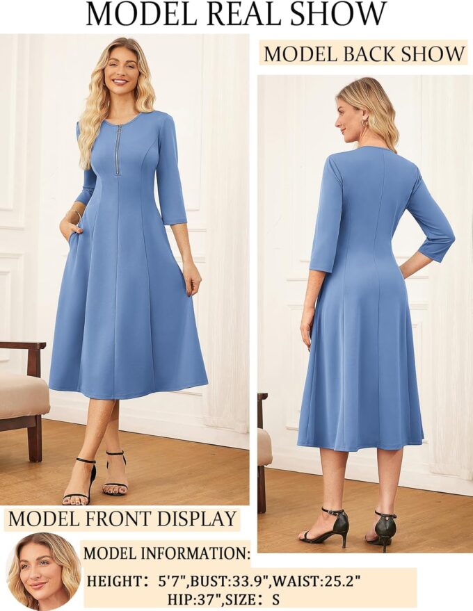 GRACE KARIN Damenkleid, 3/4-Ärmel, Reißverschluss vorne, Midi-Kleid, Empire-Taille, Aline-Kleid mit Taschen – Bild 2