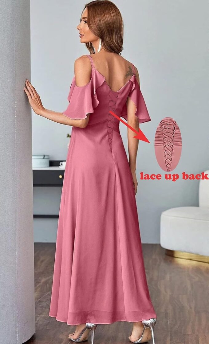Damen Schulterfrei Brautjungfernkleider lang Chiffon plissiert formelle Abendkleider A Linie Spaghetti-träger Ballkleider – Bild 2