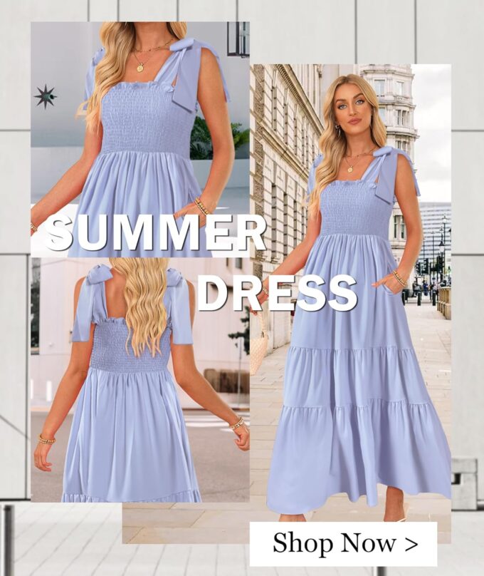 Women's Summer Maxi Dress Boho Spaghetti Straps Casual Long A-line Smocked Beach Dress Square Neck Flowy Sun Dress – Bild 3