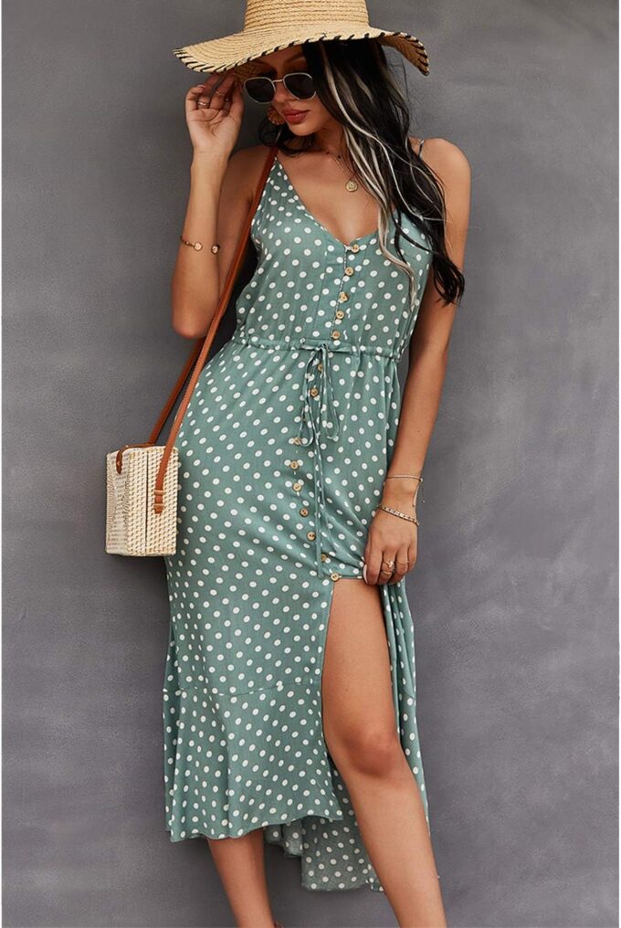 BROVAVE Women's 2025 Summer Casual Boho Sundress Polka Dot Spaghetti Strap V Neck Flowy Midi Dresses – Bild 2