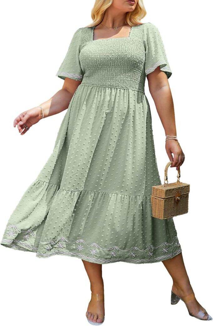 Glamaker Women's Plus Size Summer Casual Short Sleeve Smocked Square Neck A Line Flowy Midi Dress Long Dress
