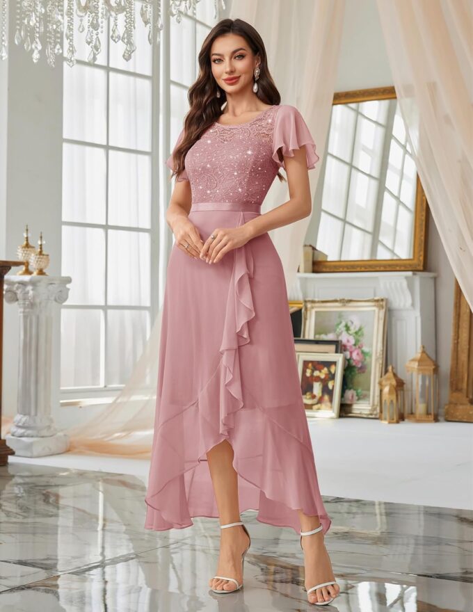 Berylove Abendkleid Lang Elegant für Hochzeit Kleid mit Schlitz Cocktailkleid Damen Elegant mit Ärmeln Elastische Taille – Bild 4