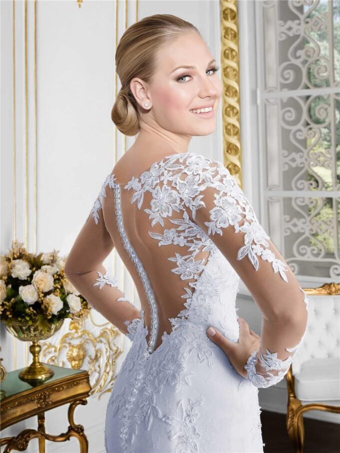 CongMing-huajia Brautkleid Große Frauen Langarm V-Ausschnitt Spitze Applique Kleid Weiß – Bild 3