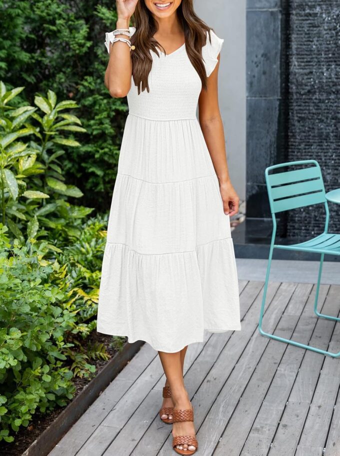 MEROKEETY Women's Flutter Sleeve Smocked Midi Dress V Neck Casual Tiered Dresses with Pockets – Bild 6