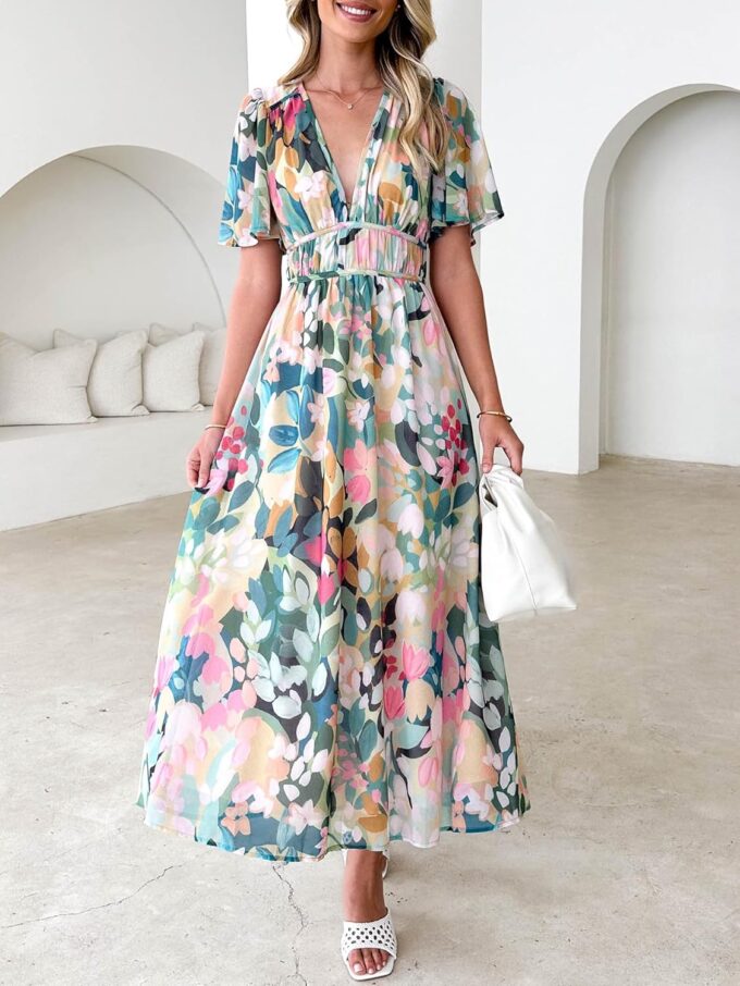 Womens V Neck Flutter Sleeve Boho Midi Dress Summer Wedding Guest Beach Party Long Dresses – Bild 3