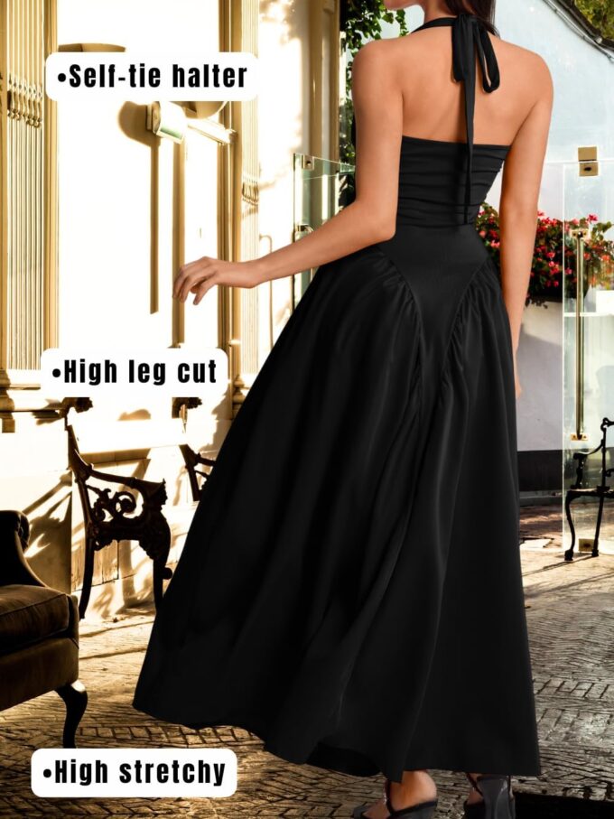 Deep V Neck Dress, Halter Maxi Dresses, Vacation Date Night, Sexy for Women Corset Flowy Wedding Guest Drop Waist – Bild 3