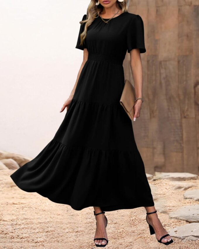 PRETTYGARDEN Women's Summer Casual Short Flutter Sleeve Round Neck Smocked Waist Tiered Boho Floral Flowy Maxi Dress – Bild 2