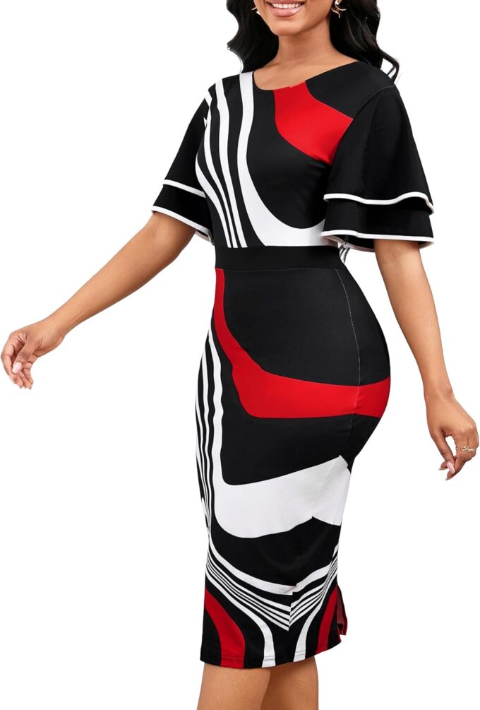 Women Sexy V Neck Dresses Elegant Bodycon Long Sleeve Stretchy Pencil Business Suiting Dress Zipper – Bild 3