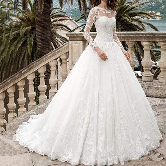 CongMing-huajia Hochzeit Damen Hochzeitskleid Hochzeiten Kleider Lang Abendkleid Hochzeitskleid Spitze Maxikleid Stickerei Langarm Weiß