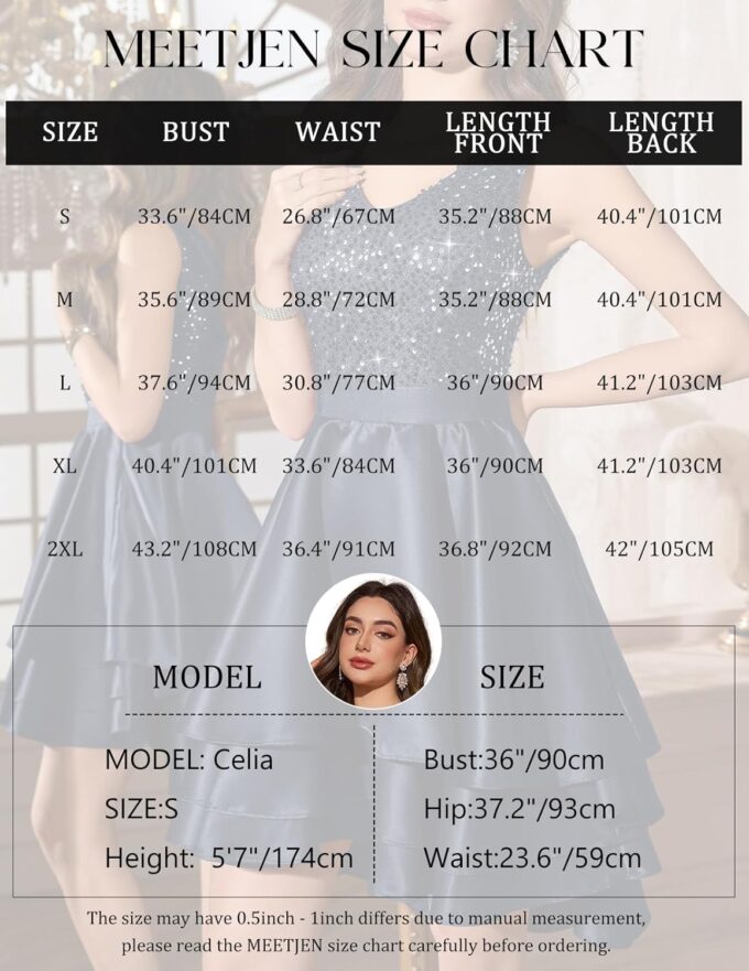 Meetjen Women's Sequin Prom Dresses Cocktail Party Sparkly Short V Neck A-line High Low Satin Formal Dress for Wedding – Bild 6